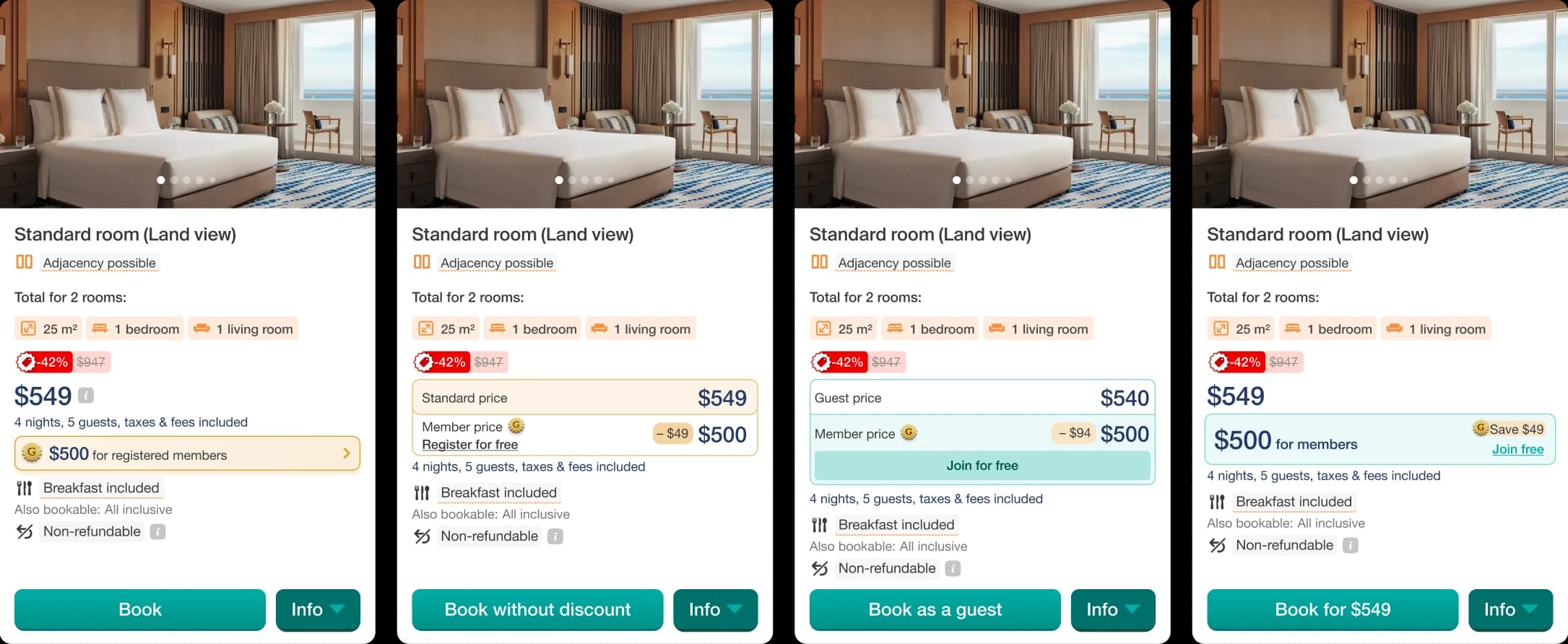 Exploration mockups — four ways of showing the member price on one card