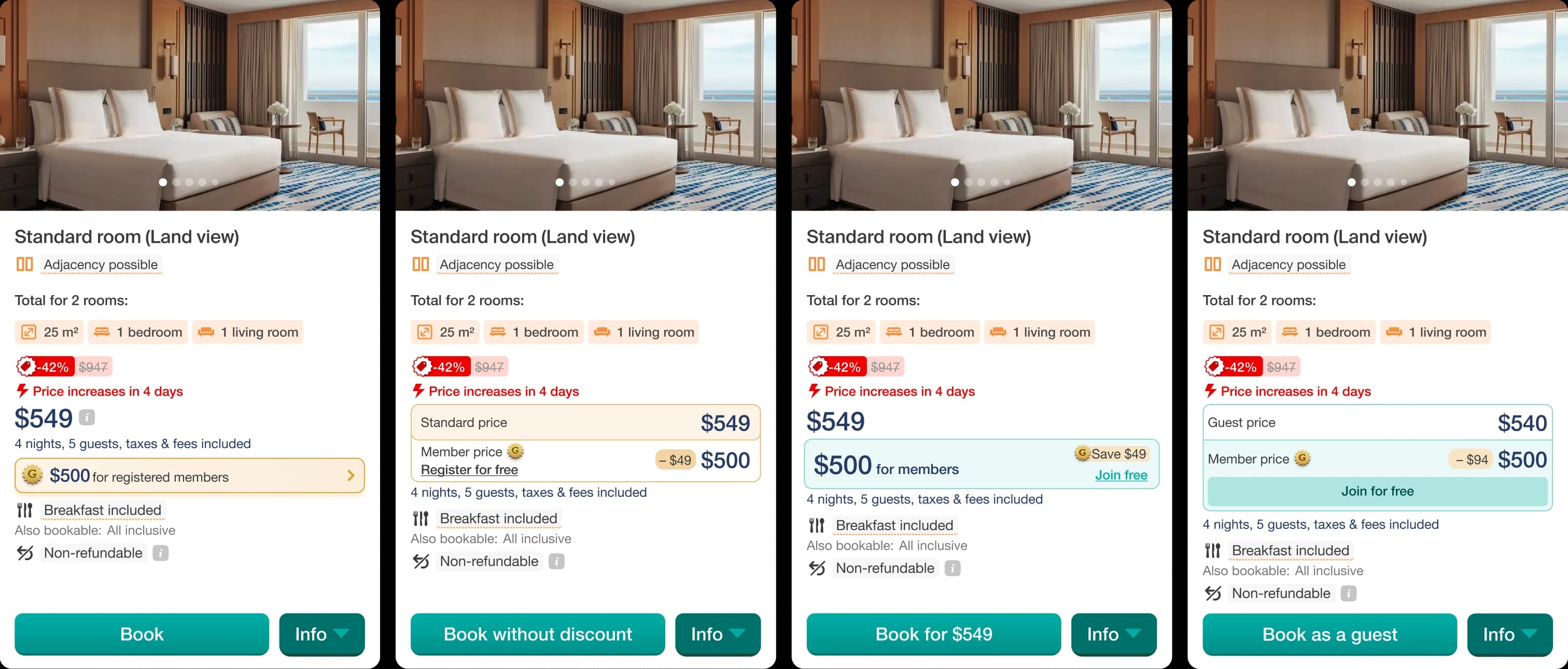 Exploration mockups — four ways of showing the member price on one card